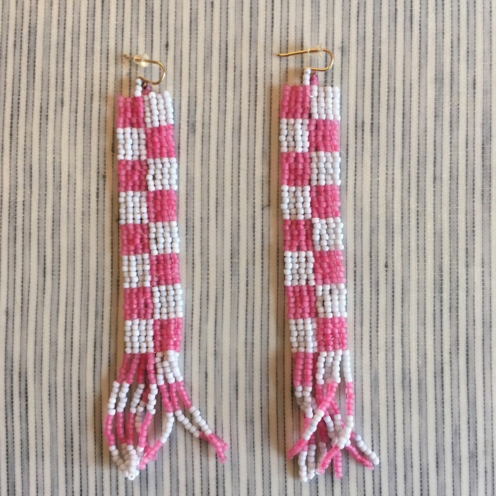 Salihah Moore Pink and White Checkerboard Beaded Earrings - Picture 3 of 3